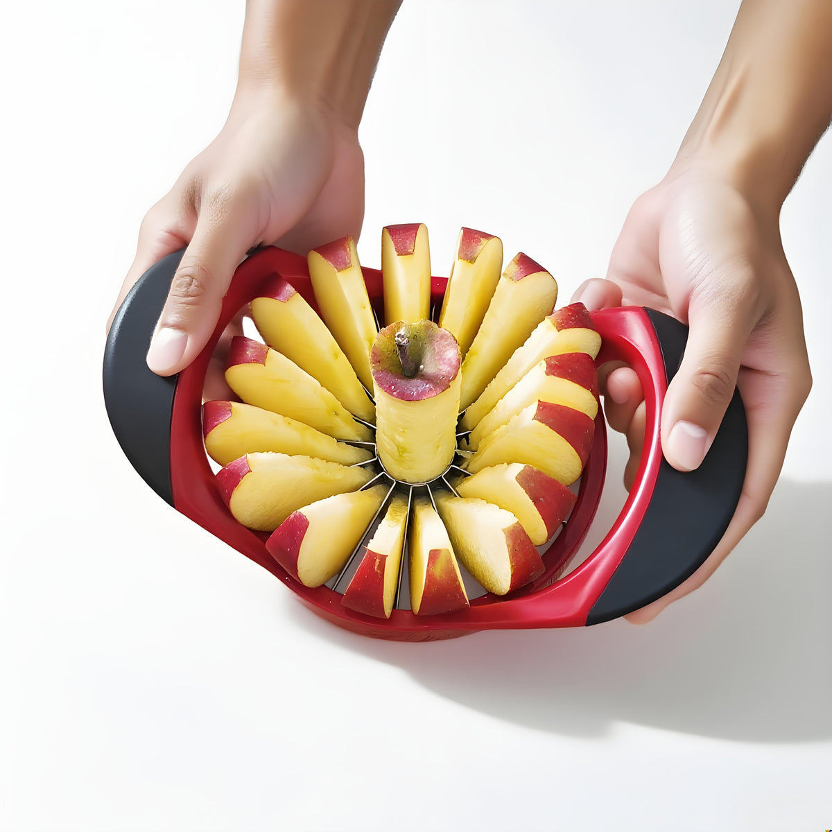 Apple Slicer and Corer in Red, Manual Fruit Cutting Tool for Compatible Apples and Pears, Kitchen Prep Accessory for Snacks and Family Fruit Platters