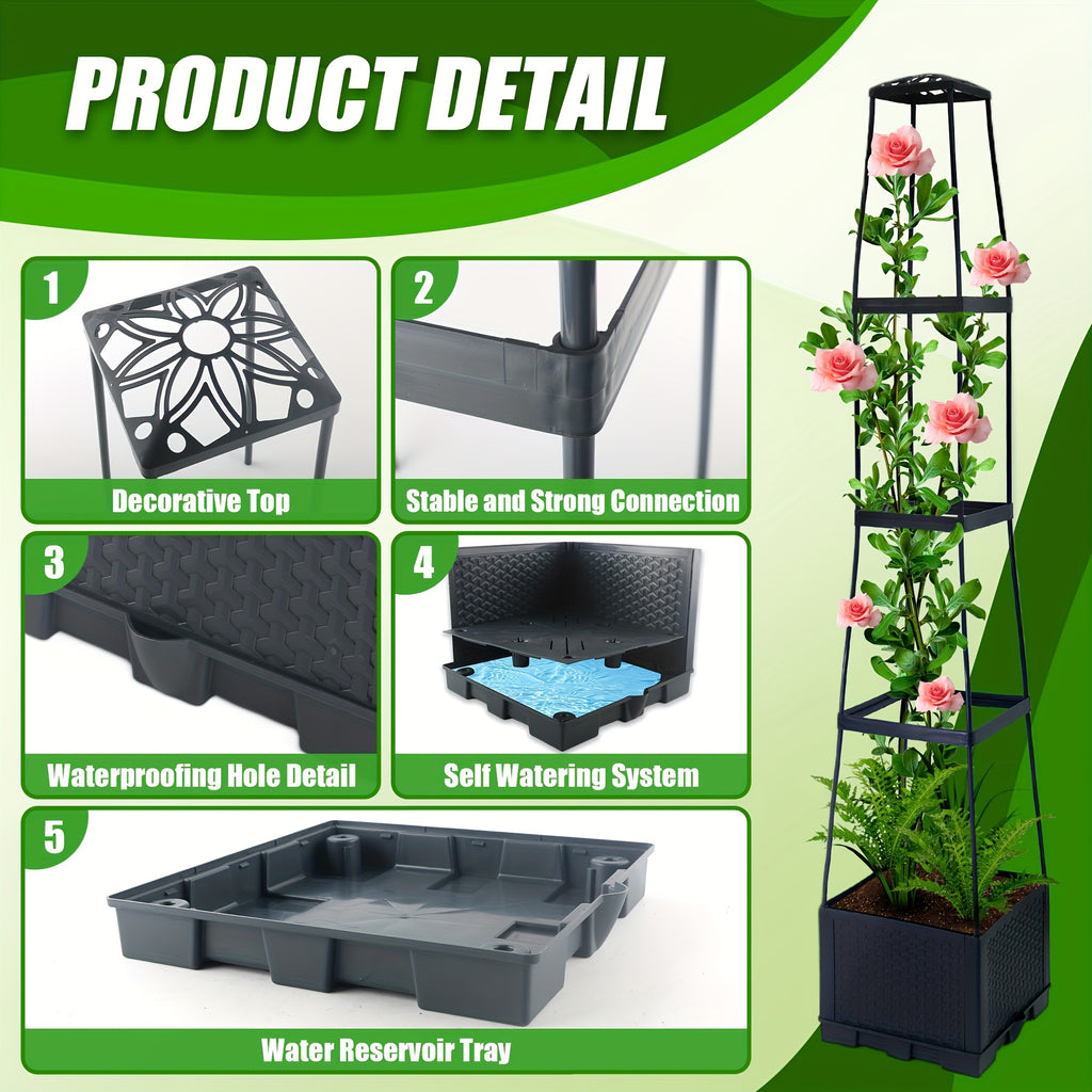 Self Watering Tomato Planter Box with Listed Ladder Trellis, 57-Inch One-Piece Option for Suitable Climbing Plants and Container Gardening in Yard or Indoor Outdoor Spaces