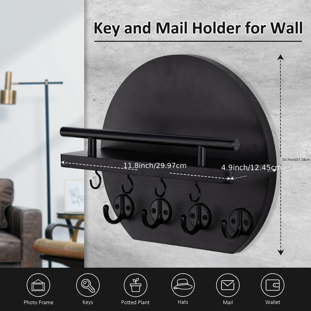 Key Holder with Shelf and Eight Hooks, Round Wooden Wall-Mounted Entryway Organizer in Brown or Natural for Hallway Keys and Everyday Small Accessories