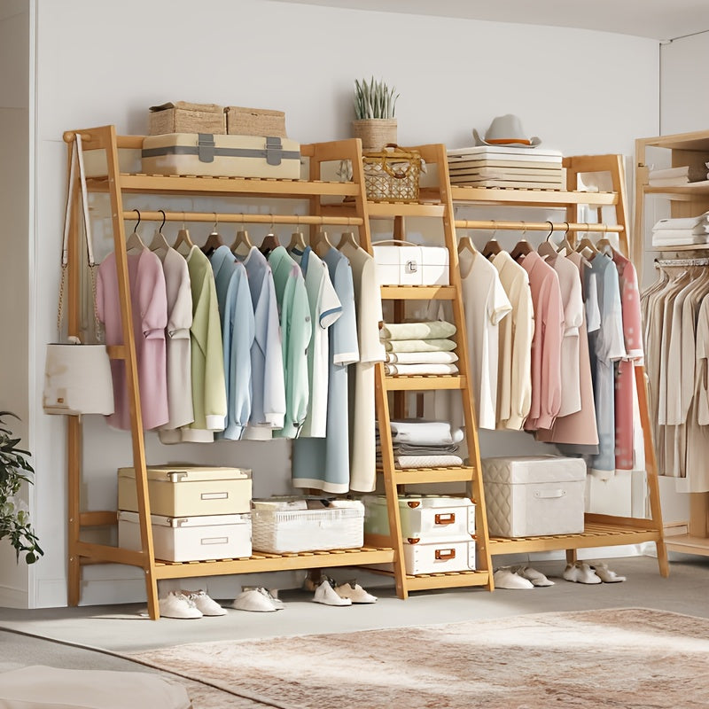 Bamboo Garment Rack with Adjustable Shelves, Five Side Storage Racks and Hat Hooks for Bedroom Organization, Brown or Nature with Four Size and Bag Option Labels