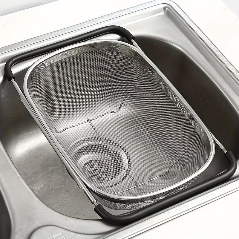Adjustable Sink Colander Basket, One-Piece Kitchen Drain Rack with Stainless Steel Reference for Rinsing Vegetables and Draining Fruit in Compatible Sinks