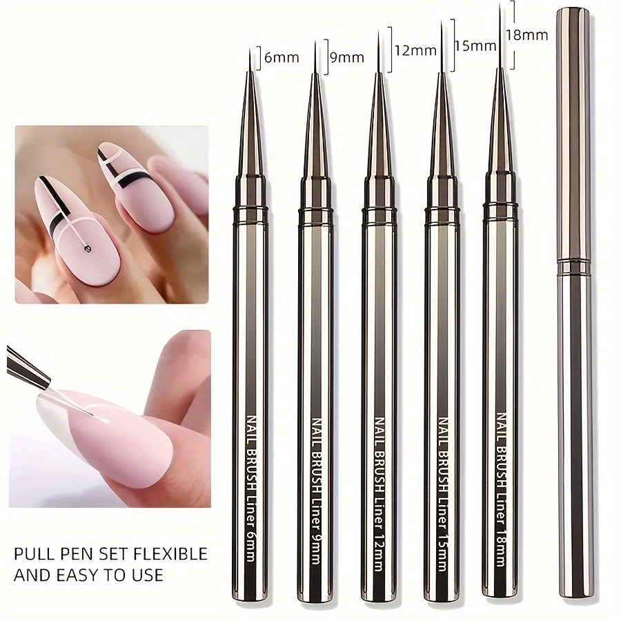 Capped Nail Art Liner Brush Set with Five Listed 6, 9, 12, 15 and 18mm Sizes, Metal Handles and Black Gray Option for Gel Polish Fine-Line Detailing