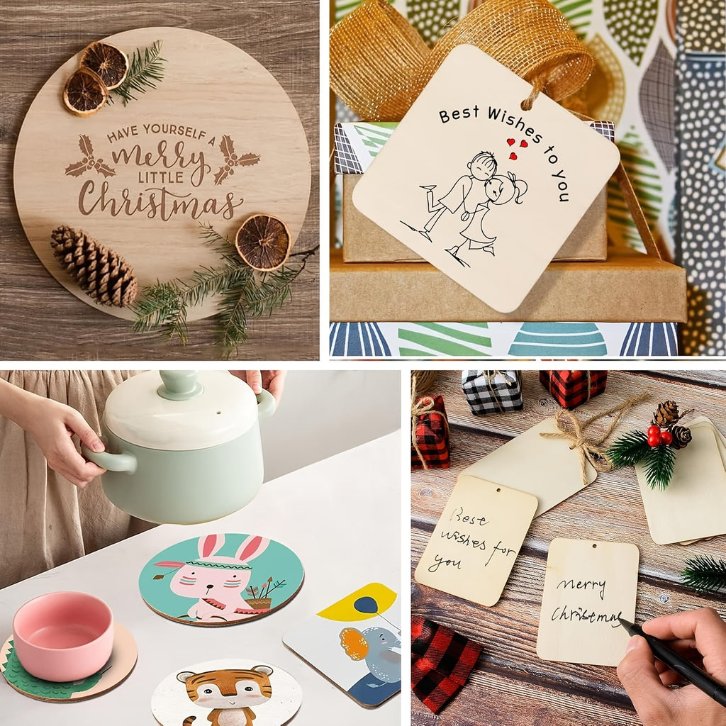 Wooden Craft Blanks in Round, Square and Heart Shapes, 130pcs or 65pcs with Twine Options for DIY Painting, Personalized Gift Accents and Wedding Decor
