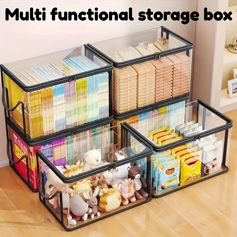 Transparent Book Storage Boxes, Listed Two-Piece Foldable Plastic Organizer Set with Black Option Label for Compatible Books, Clothing and Home Office Sorting