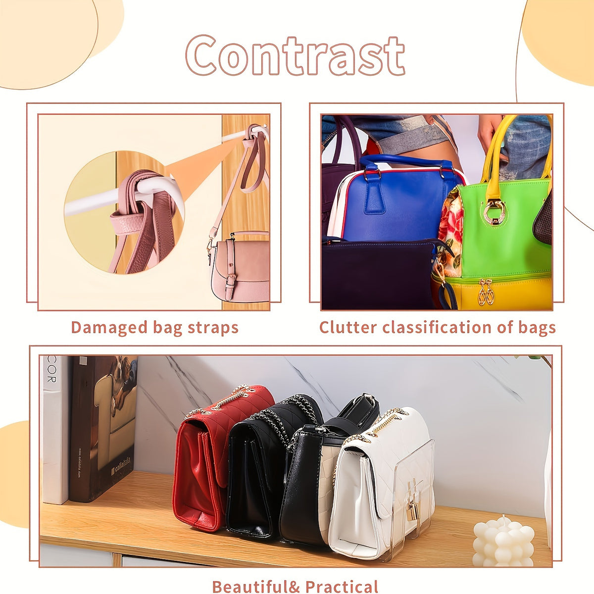 Acrylic Handbag Organizer with Four Listed Sections, Clear Desktop Purse Storage Rack for Compatible Bags, Books and Small Accessories with 4pcs Option