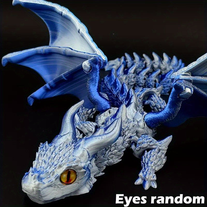 3D Printed Dragon Figurine with Articulated Two-Horned Fantasy Design, Six Color Combinations and Random Eye Details for Gothic Shelf, Desk and Room Decor