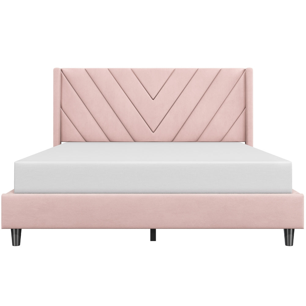 Velvet Platform Bed Frame by Costoffs with Wingback Headboard and Geometric Stitching, Wooden Slat Support, No Box Spring Needed, Twin to King Options