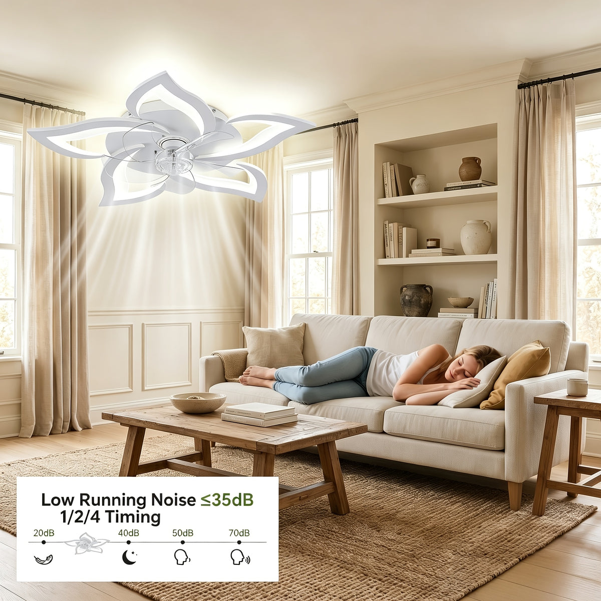 Petal Shape Ceiling Fan with LED Light and Remote, Listed 30-Inch Low-Profile Flush Mount, Six Speeds and Three Light Colors, Black Round or Pointed Leaf Options