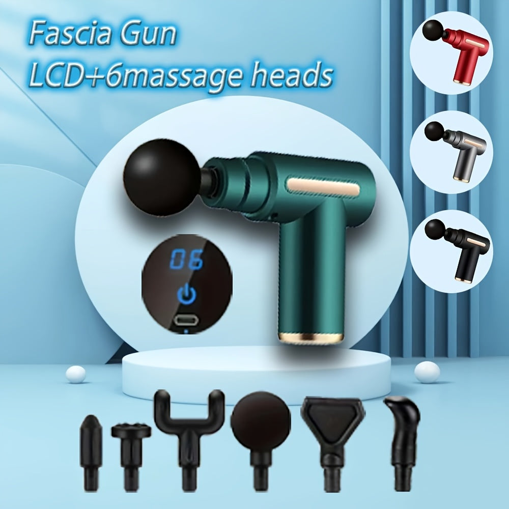 Six-Speed USB Rechargeable Massage Gun with Four Interchangeable Heads and Listed Lithium Battery, Black, Grey, Red or Green for Personal Massage Routines