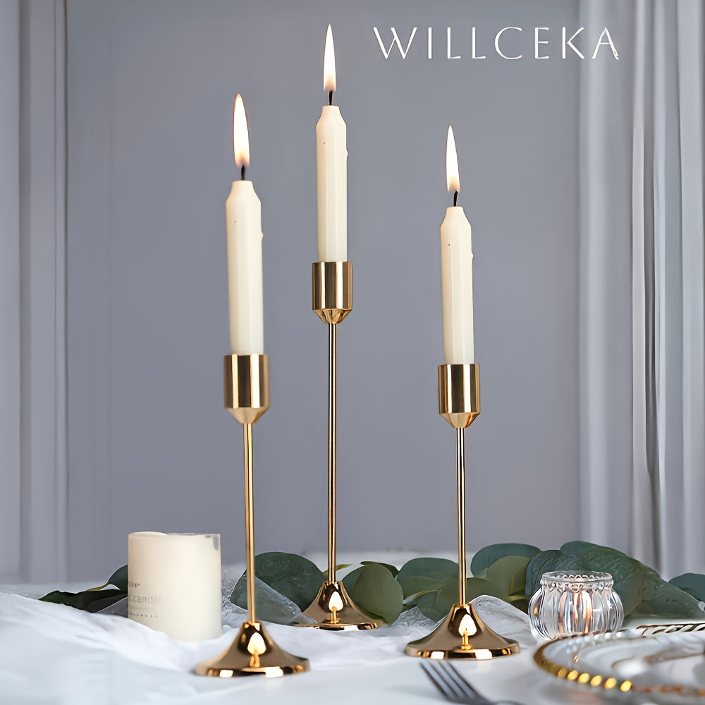 Metal Candle Holders Three-Piece Set for Wedding Centerpieces, Anniversary Dinner Tables and Seasonal Decor with Golden-Tone, French Golden, Silvery or Black Labels