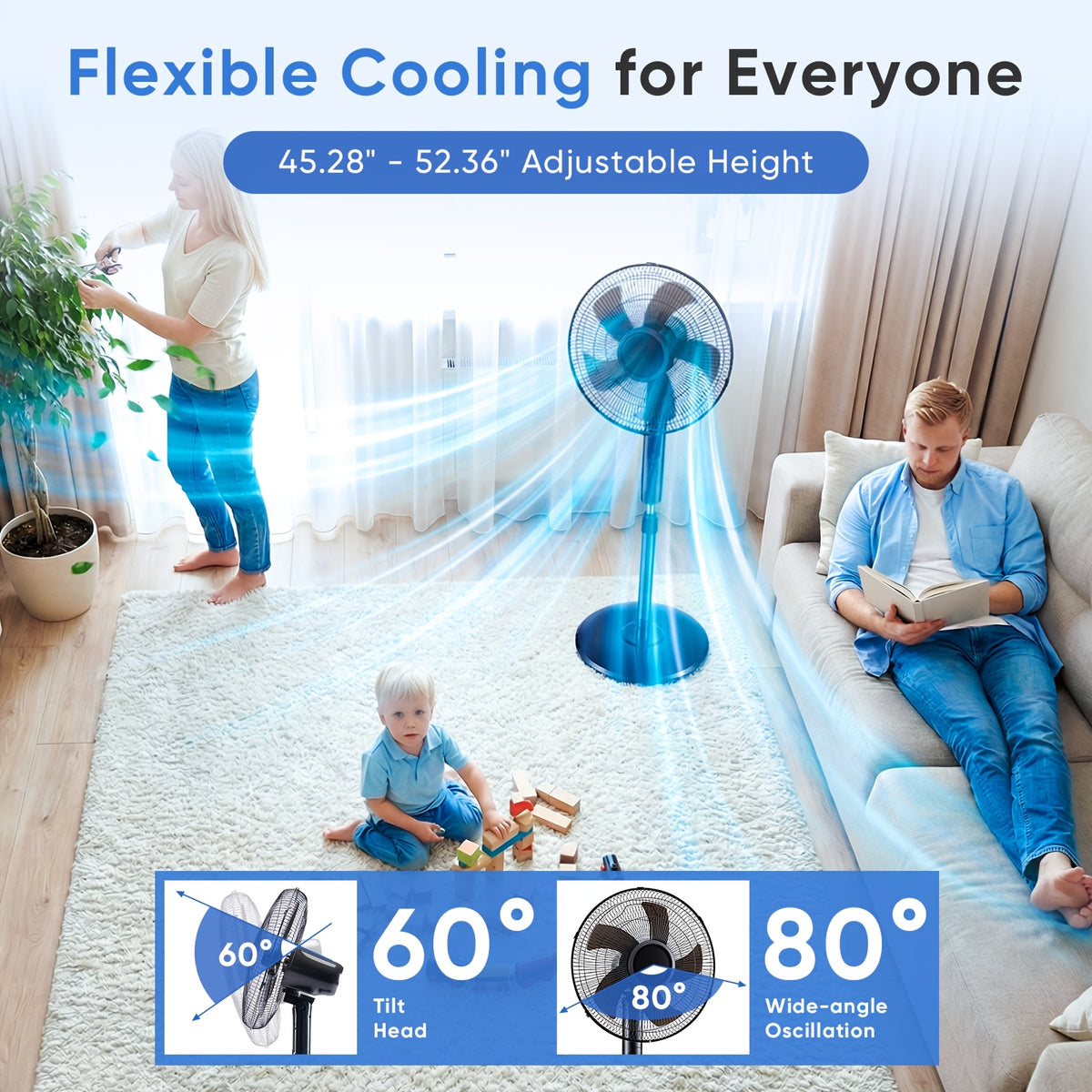 Adjustable Height Pedestal Fan in Black with Remote Control, 45–53 Inch Standing Design, 80° Oscillation, Three Speeds, Three Modes and 12-Hour Timer