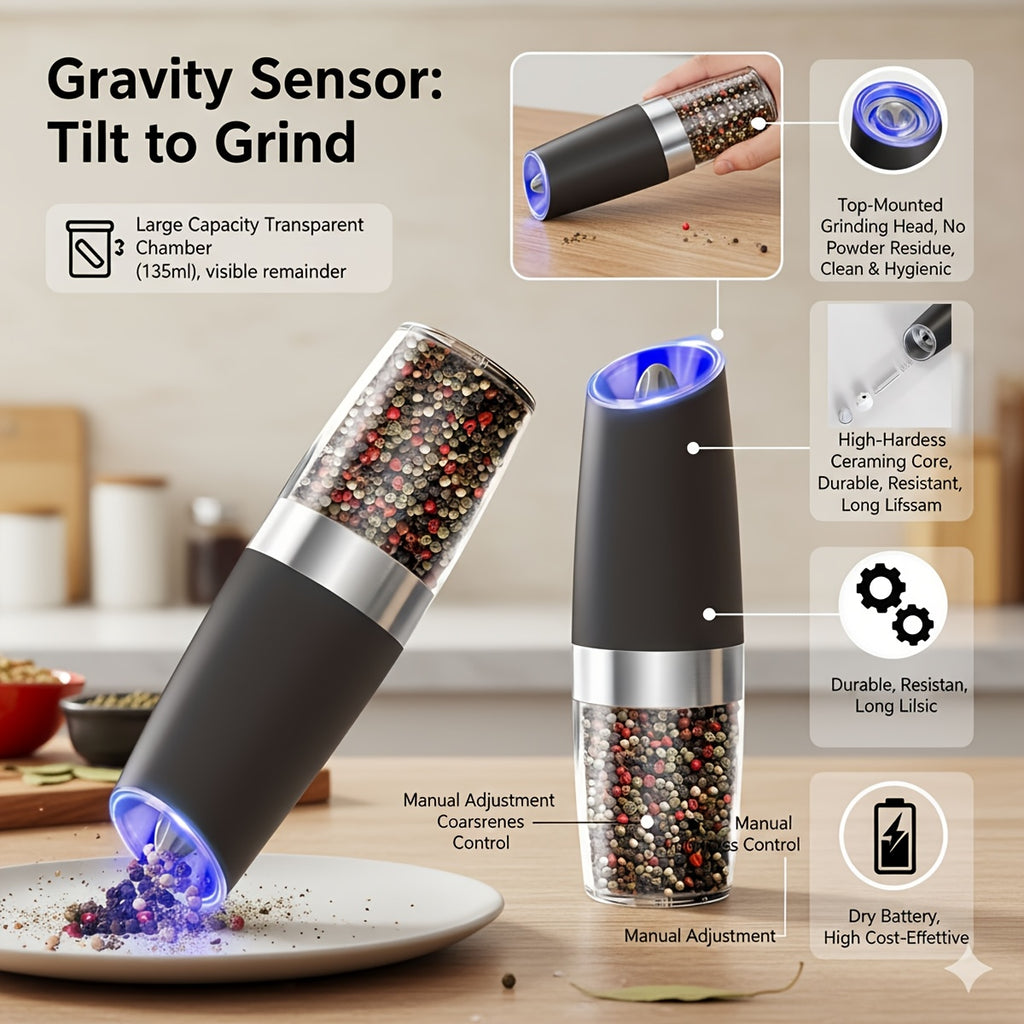 Electric Salt and Pepper Mill with Adjustable Coarseness and LED Light for Kitchen Seasoning, Single or Two-Piece Selections with Gravity-Sensing and USB Option Labels