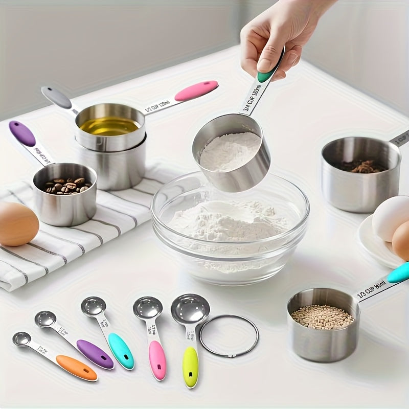 Stainless Steel Measuring Spoon Set with Silicone Handles, Five-Piece Kitchen Measuring Tools in Random Colors for Everyday Home Cooking and Baking Prep