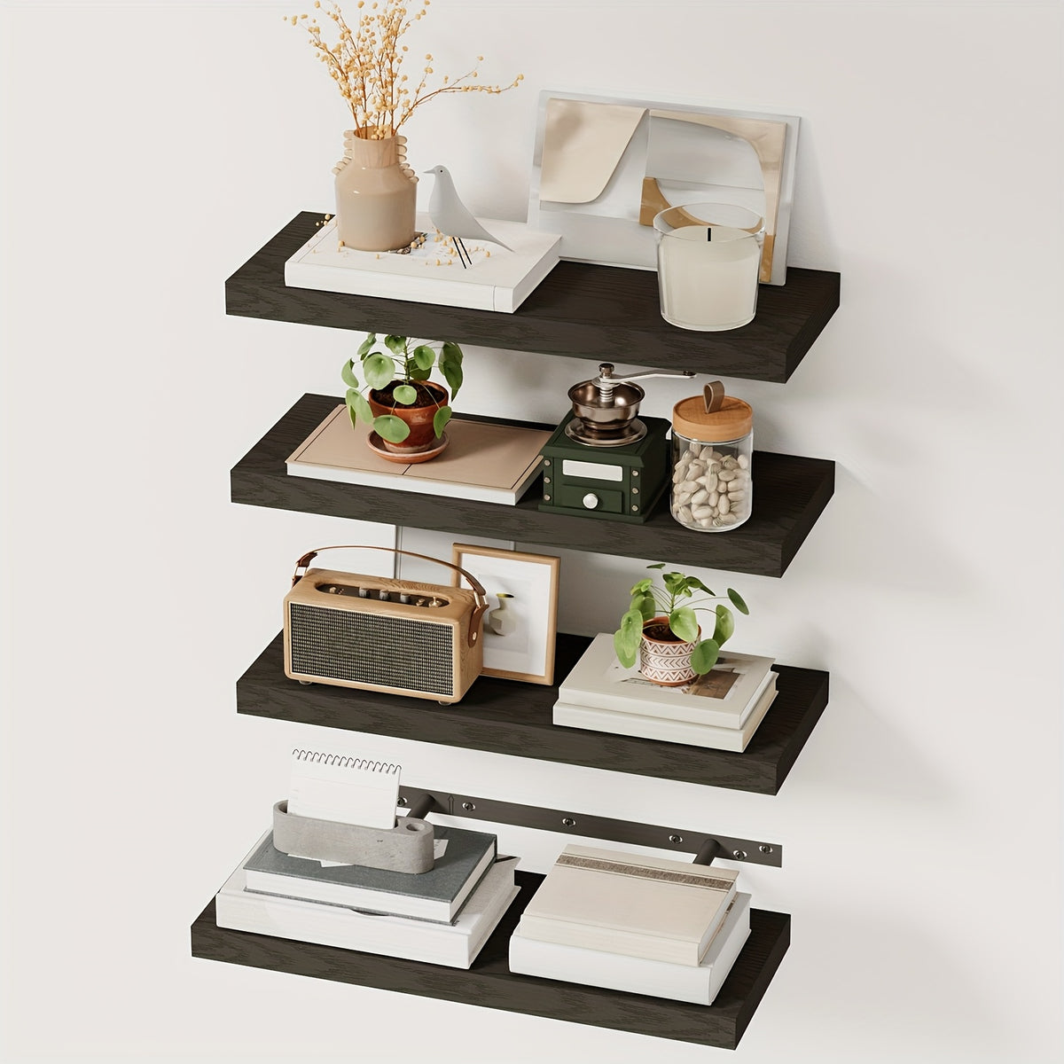 Rustic Wood Floating Shelves by TOMNK with Listed 15.8-Inch Size, Four or Eight-Piece Wall Shelf Sets for Bedroom, Living Room and Kitchen Storage Displays