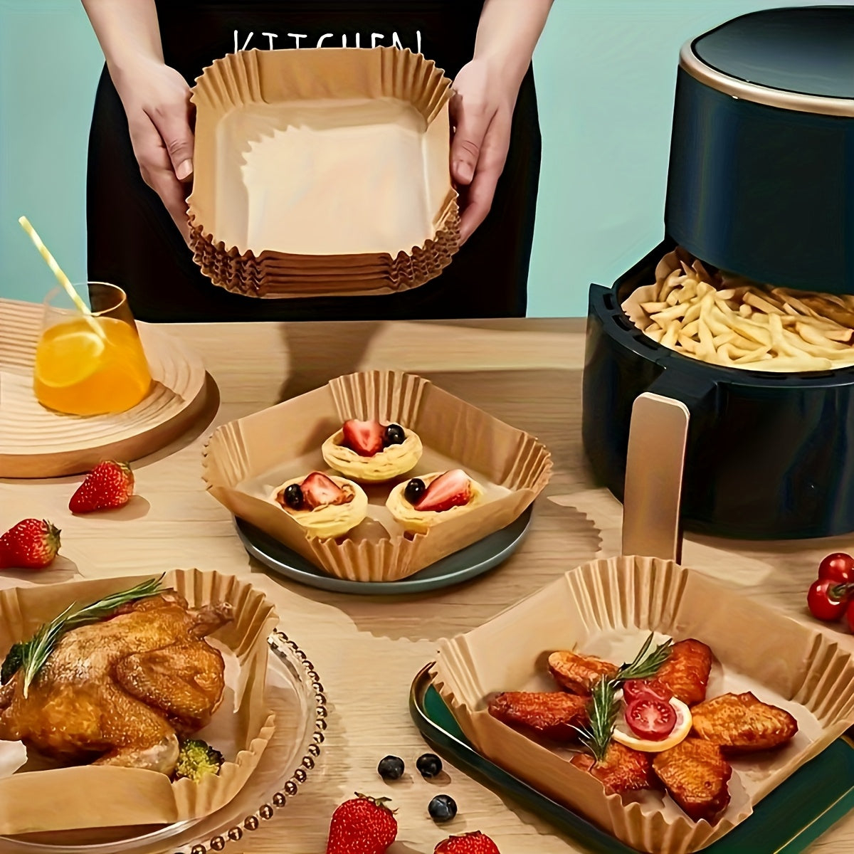 100-Pack/50-Pack Air Fryer Liners - Universal for Oven & Microwave, Non-Stick Parchment Paper - No Coating, Heat-Resistant for Home & Commercial Use