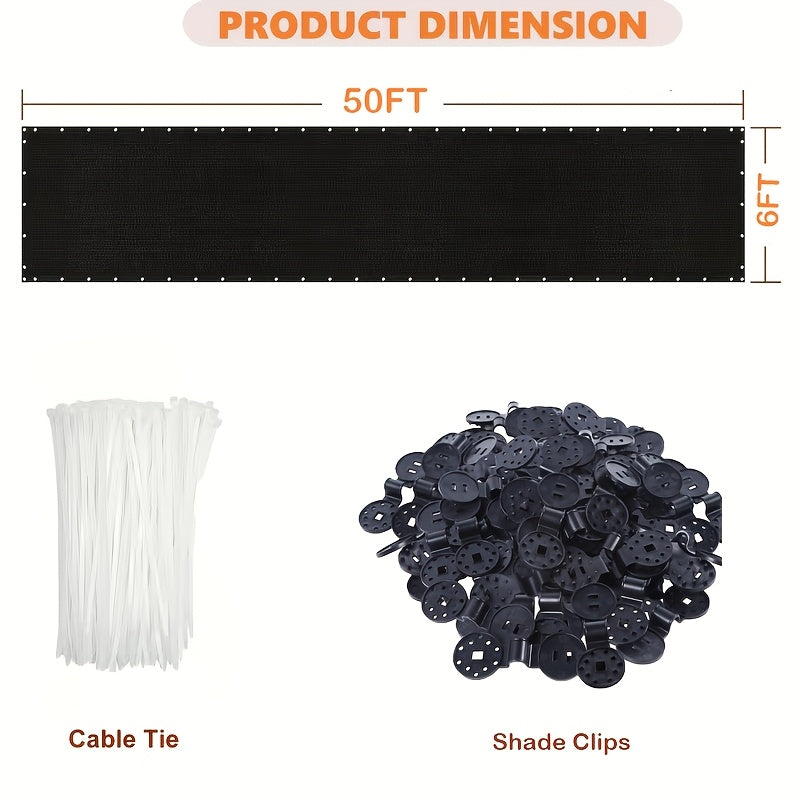Fence Privacy Screen in Black HDPE Mesh with Listed 6 x 50 Foot Size, Reinforced Edges, Grommets and 50 Cable Ties for Garden and Backyard Screening