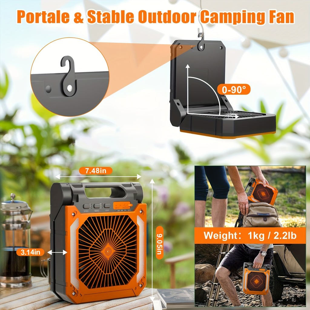 Six-Speed Camping Fan with Light and Digital Display, Listed 10000mAh Rechargeable Battery and 120° Oscillation for Tent Airflow in Orange, Black or Green