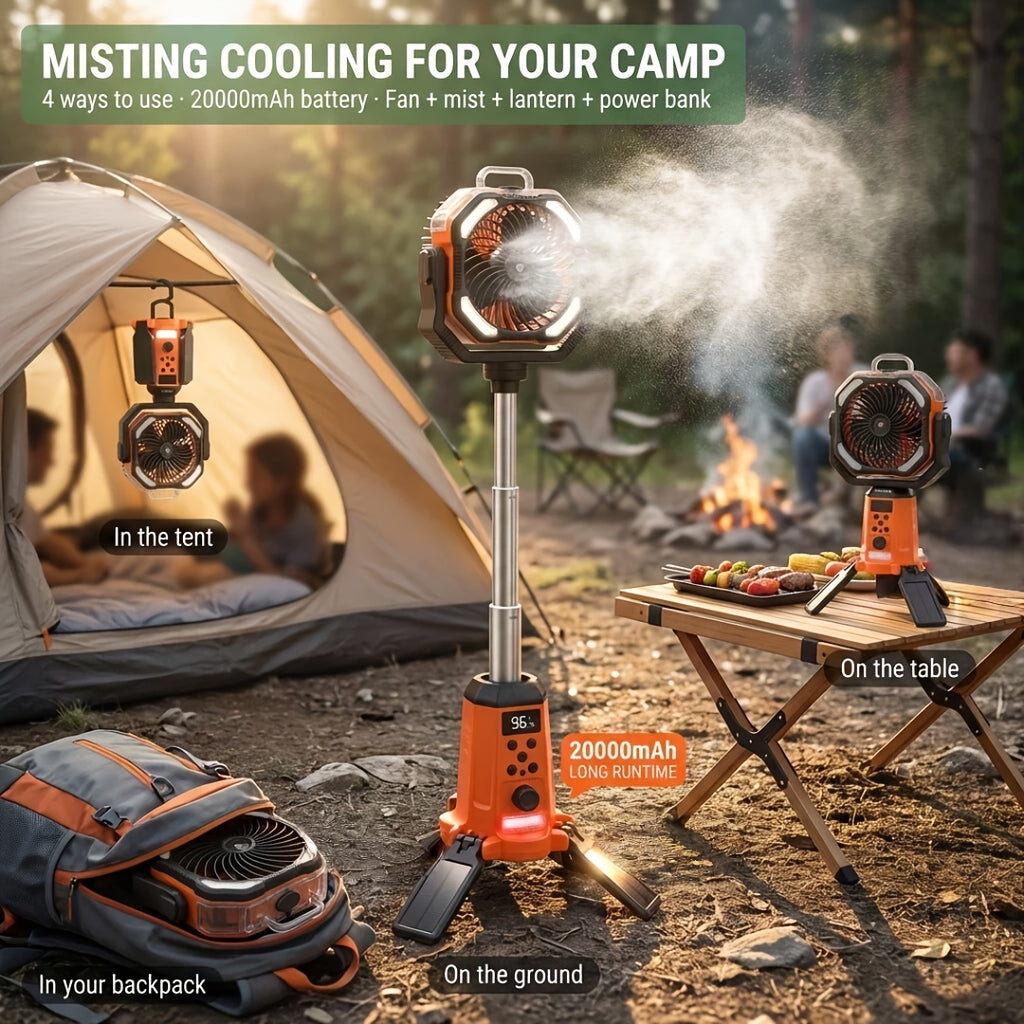 TAZTIR Camping Fan with Listed 20000mAh Battery, Basic or Mist Models in Black or Orange and a Mist+Scalable Option for Tent and Campsite Airflow