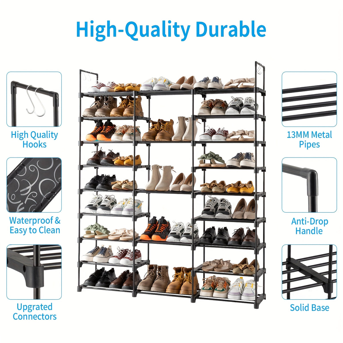 Modular Shoe Rack Organizer with Listed Metal Tubes and Tool-Free Assembly, Nine or Ten Shelf Configuration Labels for Entryway, Closet and Dorm Footwear Storage