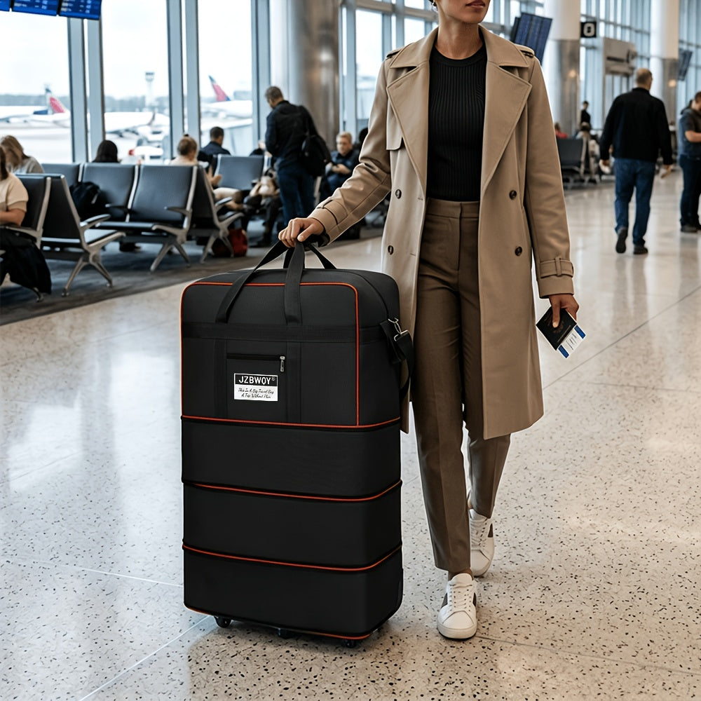 Expandable Nylon Rolling Storage Bag, Foldable Black or Green Travel and Moving Bag with Straight-Line Wheels and Multiple Packing Compartments