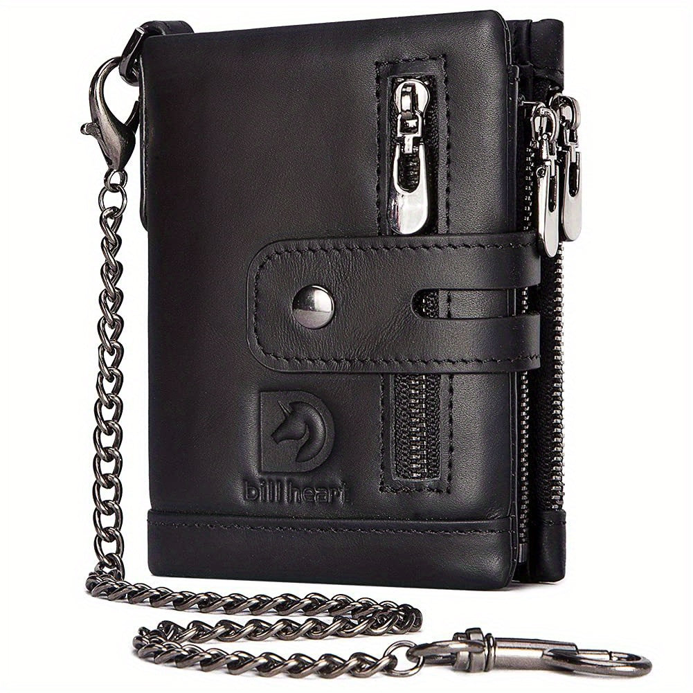 Mens Chain Wallet in Black with Short Wallet Format, Listed Card Clip and Double Zipper Change Storage for Everyday Card Organization and Gift Shopping
