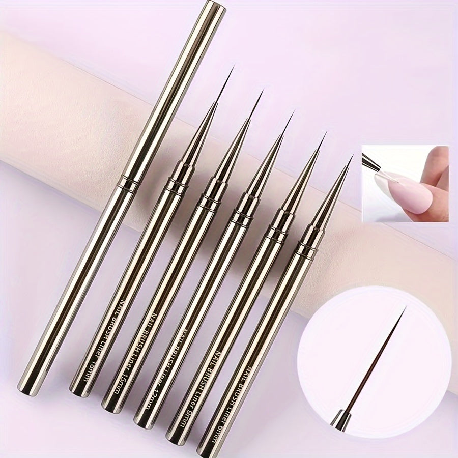 Capped Nail Art Liner Brush Set with Five Listed 6, 9, 12, 15 and 18mm Sizes, Metal Handles and Black Gray Option for Gel Polish Fine-Line Detailing