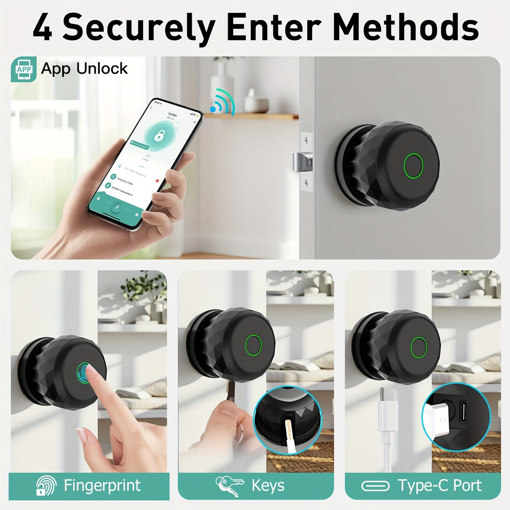 Tuya App Fingerprint Smart Lock in Black with Three Entry Methods, Backup Mechanical Key and Automatic Locking for Compatible Interior Door Installations