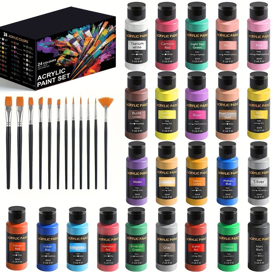 Acrylic Paint Set with 24 Colors and 12 Brushes, Listed 2.03oz Option for Home Art Practice, Seasonal Painting Projects and Creative Holiday Crafts