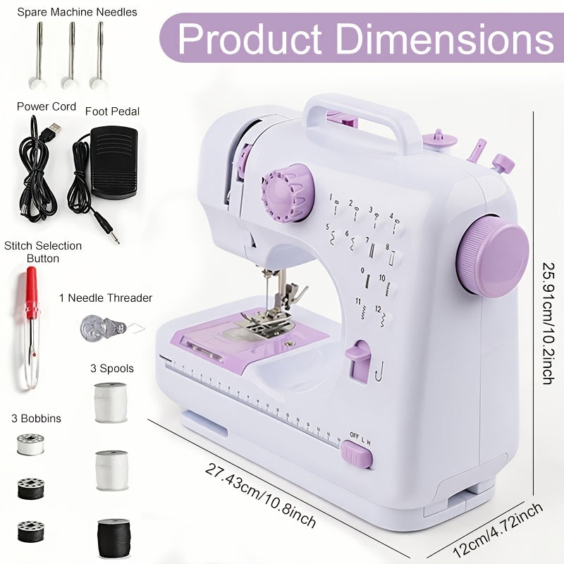 Sewing Machine with Adjustable Speed and 12 Stitch Patterns, White Purple Portable Electric Design for Beginner Practice, Home Fabric Repairs and DIY Crafts