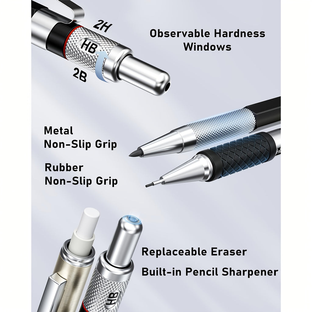 Mechanical Drawing Pencil Set by Four Candies with Case, Four 0.3 to 0.9mm Metal Pencils, Two 2mm Lead Holders and Listed 552 Graphite Refills for Sketching