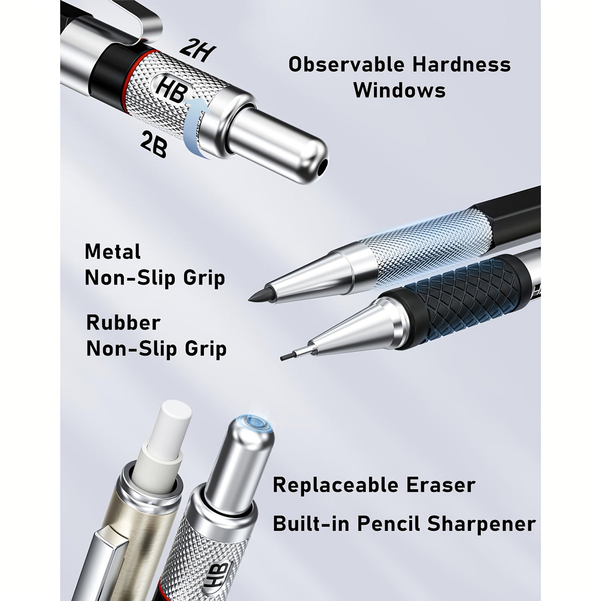 Mechanical Drawing Pencil Set by Four Candies with Case, Four 0.3 to 0.9mm Metal Pencils, Two 2mm Lead Holders and Listed 552 Graphite Refills for Sketching