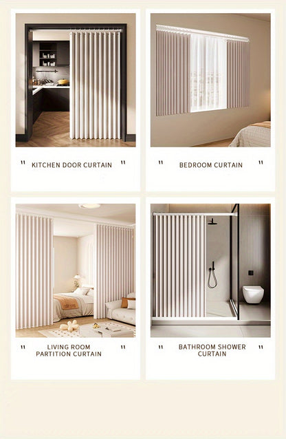 Accordion Door Curtain in Polyester with Hooks and Storage Straps, Foldable Room Divider Panel in Four Colors and Two Unfolded Sizes for Home Interiors