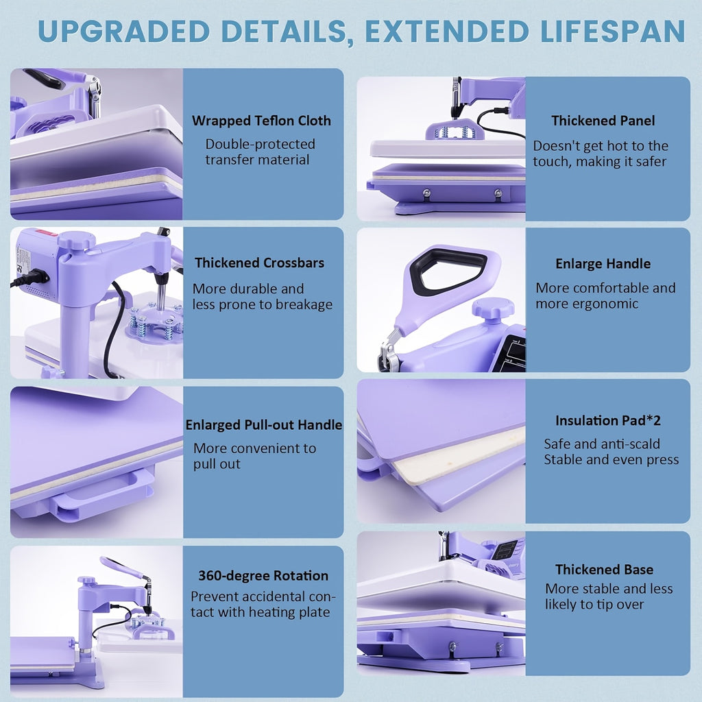 Combo Heat Press Machine with 5-in-1 or 8-in-1 Attachment Sets, 15x15 and 15x12 Inch Options or 12x10 Inch Textile-Only Press for DIY Customization