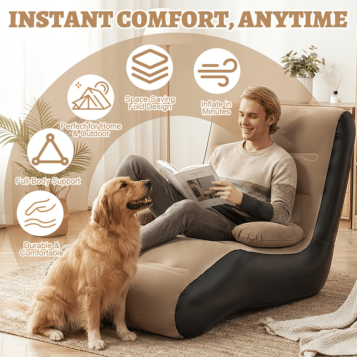 Inflatable Couch for Adults in Coffee Brown with Armrest and Listed Flocked Surface, Portable Air Sofa for Movie Night Seating and Camping Lounge Setups