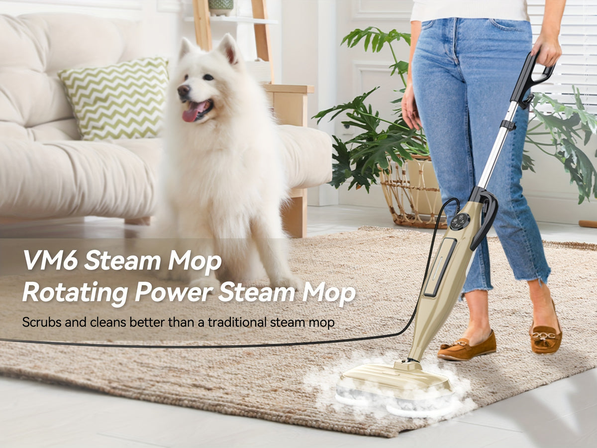 Rotating-Pad Steam Mop VM6 with Three Listed Steam Modes, LED Headlights and Removable Water Tank, Black Gray or Black Golden Floor Cleaning Options