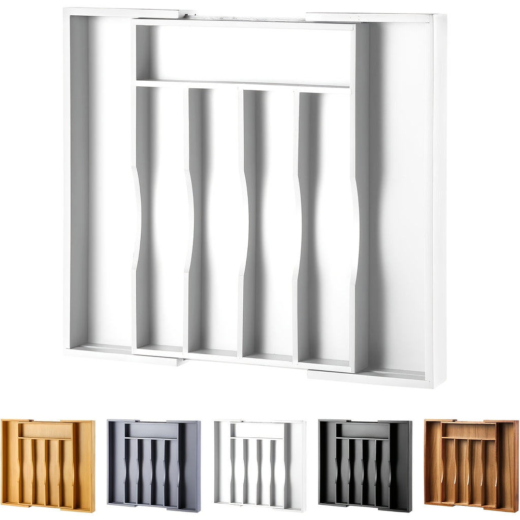 Expandable Silverware Drawer Organizer, BPA-Free Adjustable Plastic Cutlery Tray in Black or White for Kitchen Spoon, Fork and Knife Storage