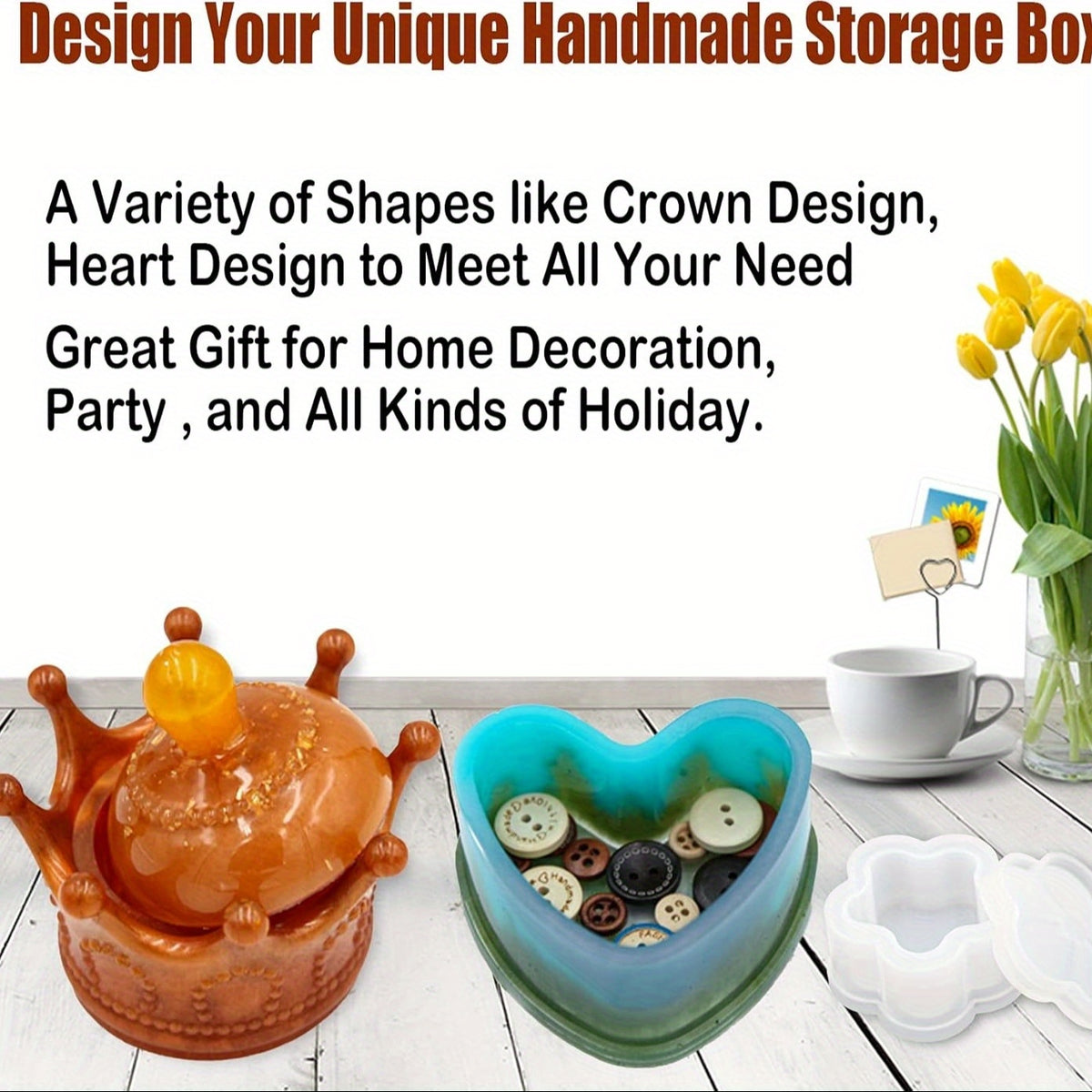 Silicone Resin Mold Kit with Mica Powder, 43-Piece Crown and Heart Shape Casting Set for DIY Jewelry Storage Boxes and Trinket Containers