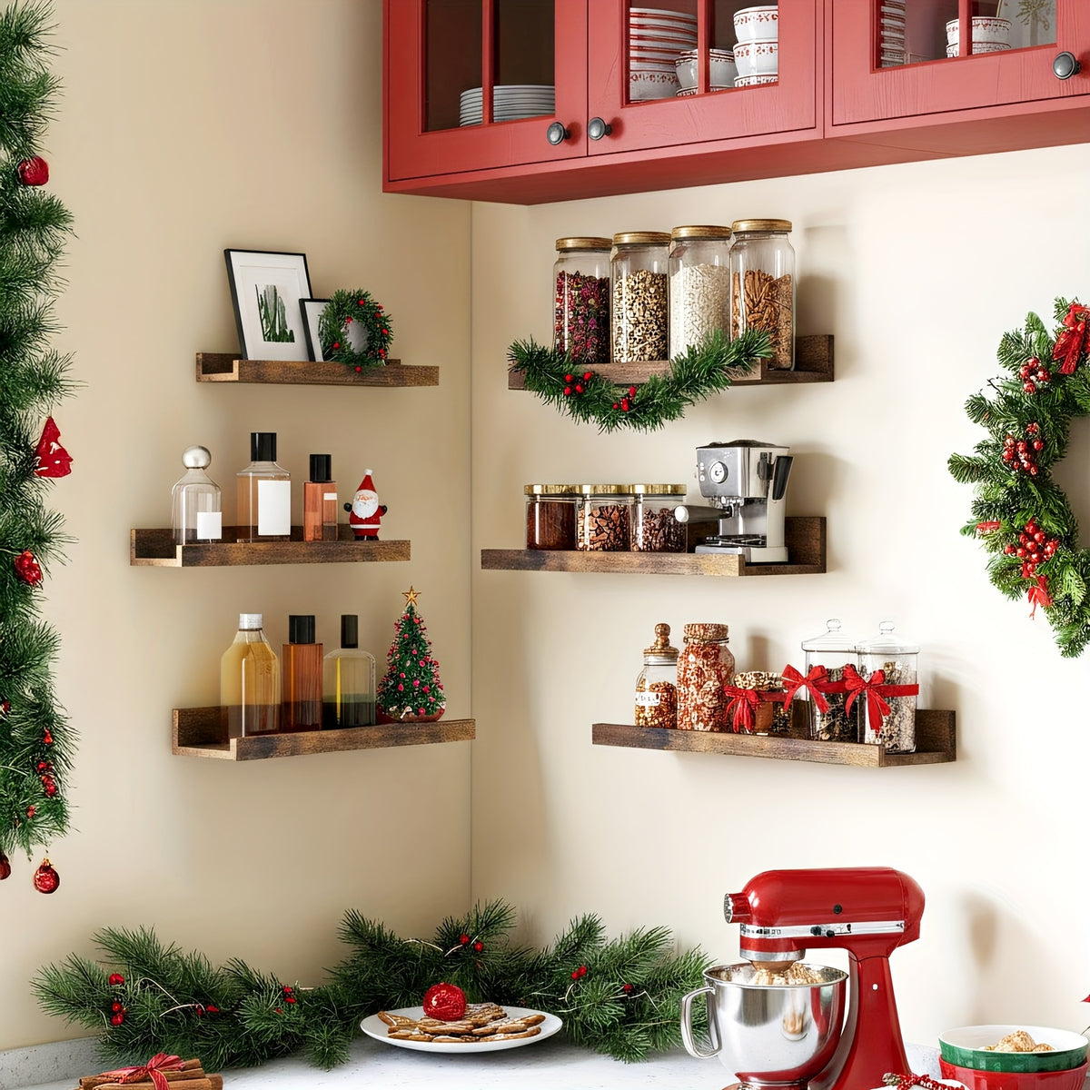 Six-Size Floating Wall Shelf Set with White, Brown or Black Options, Six Listed Wall-Mounted Shelves for Bedroom Organization and Decorative Home Displays