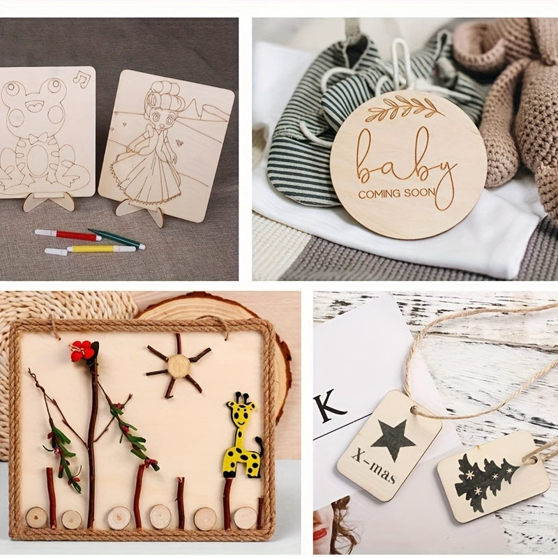 Unfinished Wood Craft Blanks with Twine, Listed 54-Piece Set of Round, Square and Heart Shapes for Painting, Personalized Gift Accents and Party Decorations