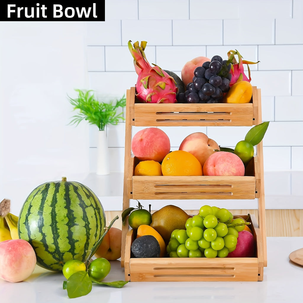 Wooden Fruit Basket Stand for Kitchen Countertops, Two or Three Tier Open Slat Produce Organizer with Natural Wood Finish and Detachable Hooks for Fruit, Bread and Packaged Snacks