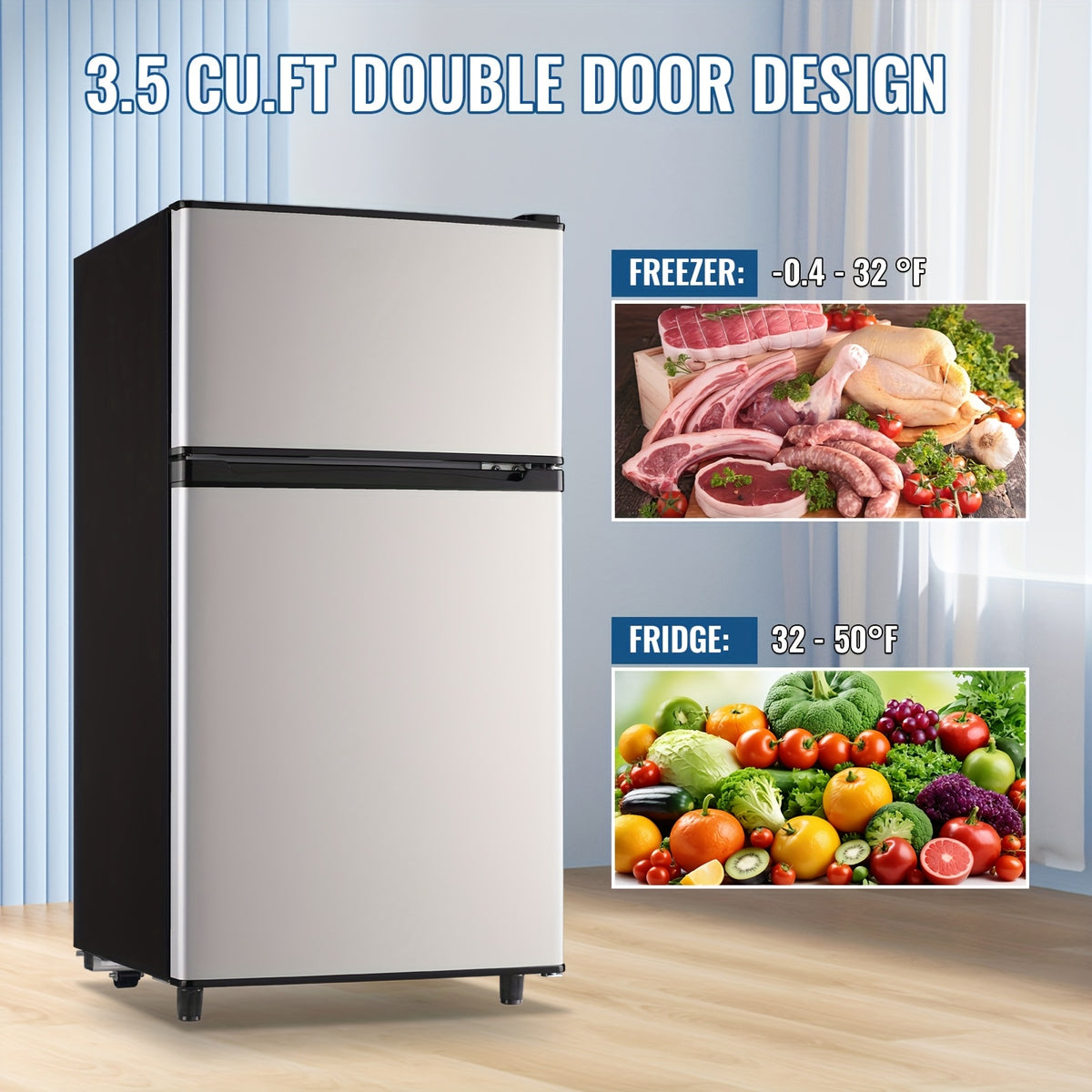 Two-Door Compact Fridge with Freezer, Silvery 2.5 or 3.5 Cu Ft Options with Seven-Level Thermostat and Removable Shelves for Dorm, Office and Bedroom Storage