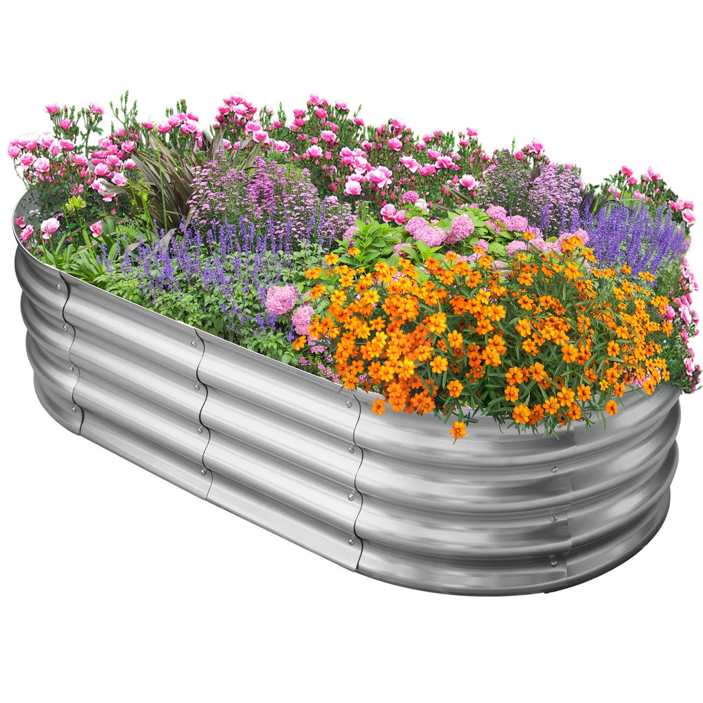 Galvanized Vegetable Garden Bed Set with Oval Metal Planter Design, Outdoor Raised Planting Boxes in Single and Multipack Options for Backyard Gardening