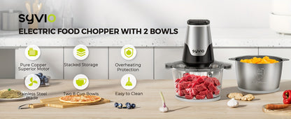 450W Two-Bowl Food Processor with Two Speed Settings and Four Bi-Level Blades, Electric Meat and Vegetable Chopper for Onions and Everyday Meal Prep
