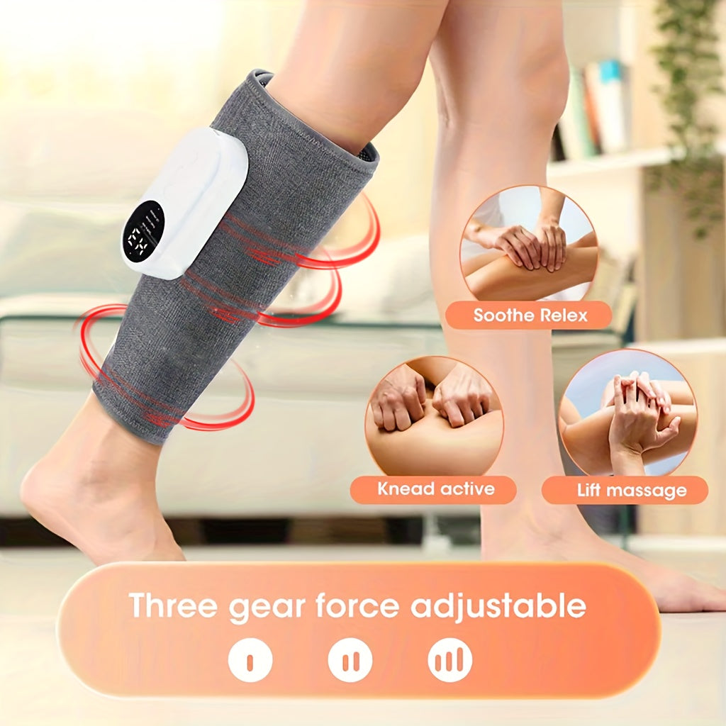 Grey Rechargeable Compression Leg Massager, One-Piece USB-Charging Device with Listed 2000mAh Battery, Three Intensity Levels and Three Temperature Settings