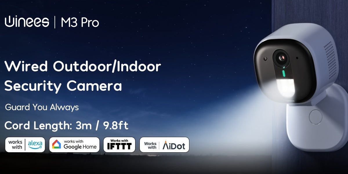 Winees Wired WiFi Security Camera with Listed 2K Video, 2.4GHz Connection, Human and Pet AI Detection, Color Night Vision and Two-Way Audio, White Options