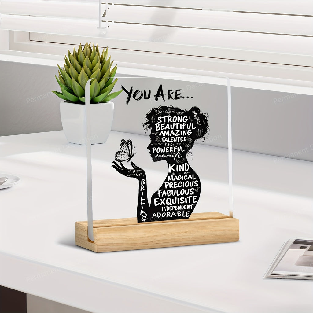 Positive Affirmation Desk Decor, 1-Piece Flat Acrylic Decoration with You Are Powerful, Beautiful, Amazing Message for Home Office and Encouragement Gifts