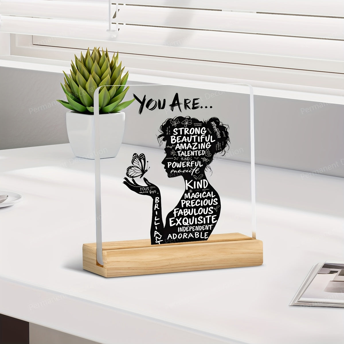 Positive Affirmation Desk Decor, 1-Piece Flat Acrylic Decoration with You Are Powerful, Beautiful, Amazing Message for Home Office and Encouragement Gifts