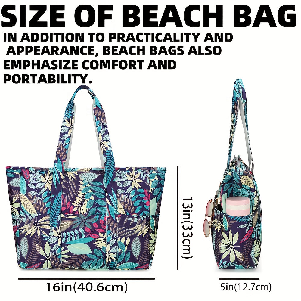 Beach Tote Bag for Women with Wet and Dry Pocket, Pool Swim Carry Bag for Summer Vacations and Travel in Blue Leaf, Red Leaf or Black