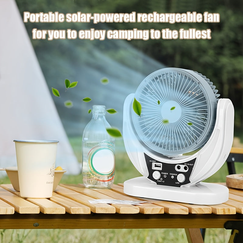 Solar and USB Charging Camping Fan with Adjustable Wind Speed and Angle, Single Portable Fan with Listed Mobile Phone Charging for Travel and Backup Use