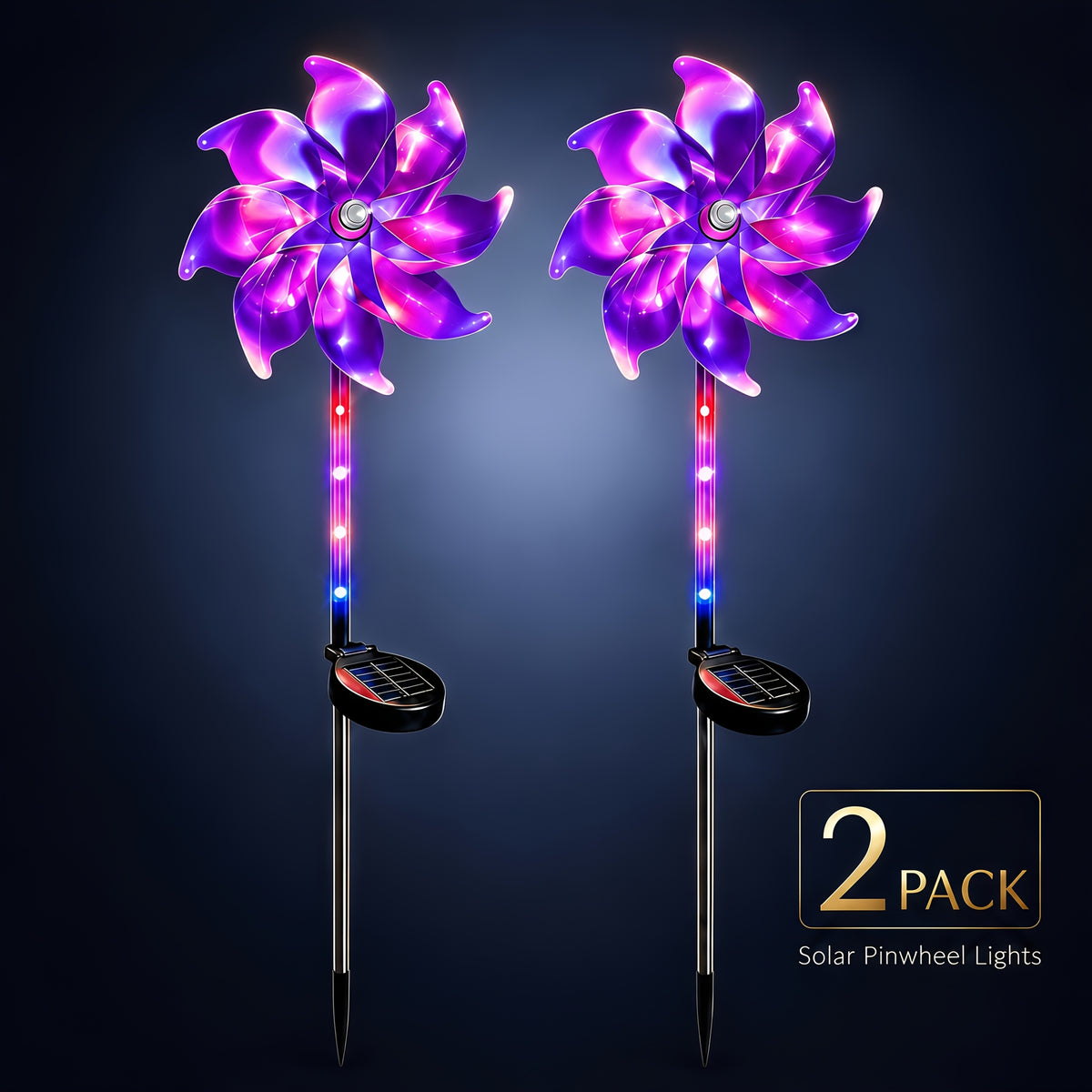 Solar Windmill Garden Lights 2-Pack with Color-Changing and 360-Degree Rotating Design, Colorful Purple or Blue Style Options for Patio and Path Displays